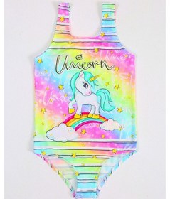 Resim Papiş Şık Kız Çocuk Mayo Unicorn Gökkuşağı Desenli Rahat Hızlı Kuruyan Mayo Deniz Havuz Plaj Mayosu Karışık 