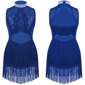 Resim Kraliyet Mavisi Kızlar Parlak Taklidi Payet Caz Dans Elbise Şeffaf Örgü Püskül Etek Paten Bale Mayoları Elbiseler Sahne Performansı Giyim Mavi 