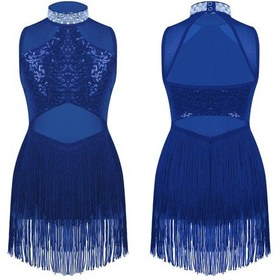 Resim Kraliyet Mavisi Kızlar Parlak Taklidi Payet Caz Dans Elbise Şeffaf Örgü Püskül Etek Paten Bale Mayoları Elbiseler Sahne Performansı Giyim Mavi 