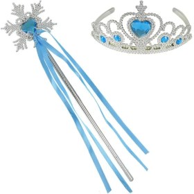 Resim Karlar Ülkesi Elsa Mavi Kalp Tacı ve Kar Temalı Asa Seti 