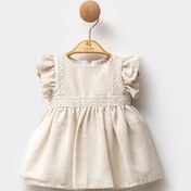 Resim Kısa Kollu Fırfırlı Dantel İşlemeli Pamuklu Yazlık Özel Gün Bayramlık Kız Bebek Elbise Bej 