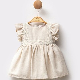 Resim Kısa Kollu Fırfırlı Dantel İşlemeli Pamuklu Yazlık Özel Gün Bayramlık Kız Bebek Elbise Bej 