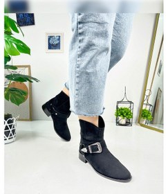 Resim Günlük Kadın Düz Süet Bot Oval Burunlu Toka Detaylı Tırtıklı Taban Kovboy Bot 281 Siyah - Süet Siyah 