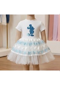 Resim Biçomi Kız Bebek Mickey Baskılı Brode Etekli Pamuklu Konfor Elbise - Turkuaz 