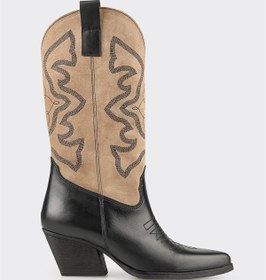 Resim Elle Bej Deri Kadın Western Çizme 