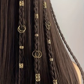 Resim 100 adet Viking Kelt Düğümü Saç Aksesuarları - Antika Etnik Tarz Altın Renkli Çinko Alaşım Boncuklar ile Çiçek ve Geometrik Tasarımlar, Örgüler & Kendin Yap Saç Modelleri için Mükemmel, Kadınların Vintage Saç Süsleri, Saç Modeli Süslemeleri | Karmaşık Boncuk Tasarımları | Metalik Bitiş 