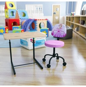 Resim Depolife Prenses Sindirella Desenli Çocuk Odası Ders Çalışma Koltuk ve Masa Seti Tekerlekli Sandalye ve Sehpa 