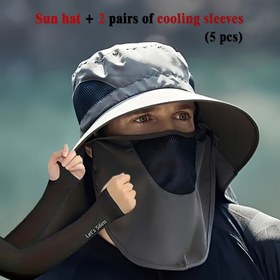 Resim 5 adet Erkek Yaz Güneş Koruma Seti, Çıkarılabilir Güneş Şapkası ile 2 Çift Temel Buz Kolluğu, Açık Hava Beyzbol Hızlı Kuruyan UV Kalkanı Şapka, Balıkçılık Bisiklet Kayak Yüz Kafa Koruma Şapkası, Açık Hava Kampı, Yürüyüş ve Balıkçılık için Uygun Geniş Kenar Balıkçı Şapkası 