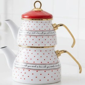 Resim Kırmızı Beyaz Renk Gold Detaylı Puantiyeli Emaye Çaydanlık Takımı 2 Lt +1 Lt. Beyaz - Kırmızı 