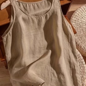 Resim Kadın Hafif Linen Kolsuz Atlet - Şık Yuvarlak Yaka, Bol Kesim, Düz Renk, Bahar/Yaz/Sonbahar için Mükemmel, Çok Yönlü Katlama Parçası, Rahat Giyim|Minimalist Tarz|Nefes Alabilen Kumaş 