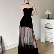 Resim Şık Siyah Halter Yaka Dantel ve Kadife Elbise ile Tül Etek - Seksi, Kolsuz, Yetişkinler İçin, Bahar/Yaz Modası, Yetişkin Modası | Şık Elbise | Dantel Detayları, Büyük Beden Elbise 