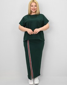 Resim Kadın Büyük Beden Kısa Kollu Şeritli Etek Takım 8204-25 - XXL / Zümrüt Yeşili 