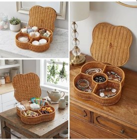 Resim Buffer Kapaklı 5 Bölmeli Plastik Rattan Organizer Kutu Hasır Desenli Çok Amaçlı Saklama Ve Sunum Sepeti Çerezlik Sarı 