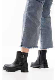 Resim 2051-2014 Siyah Tokalı Düz Topuklu Tokalı Fermuarlı Günlük Kadın Bot Beyaz 