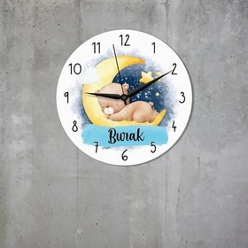 Resim caju art & decoration CajuArt Ayda Uyuyan Sevimli Ayı Kişiye Özel Mavi Çocuk Odası Duvar Saati 