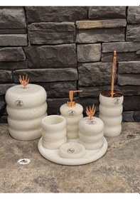 Resim Beyazı Mermer Aksesuarlı Bambu Model Oval 7,li Banyo Seti Beyaz 
