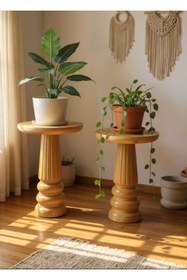 Resim ASELYA HOME Doğal Ahşap 2’li Set Mantar Yan Sehpa Modern Vernikli Fiskos Zigon Çiçeklik 