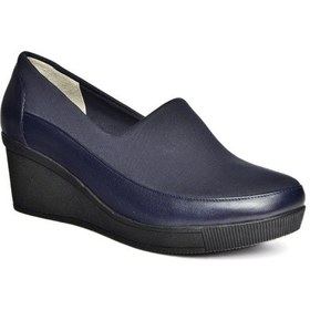 Resim Fox Shoes R908059003 Lacivert Hakiki Deri Dolgu Topuklu Kadın Ayakkabı Lacivert 