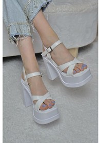 Resim Asmi Shoes Kadın Çapraz Bantlı 12 Cm Platformlu Topuklu Ayakkabbı Beyaz Beyaz 
