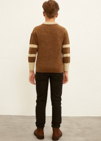 Resim CLOUDY WEAR&DESİGN Çizgili Kol Detaylı Bisiklet Yaka Kışlık Erkek Çocuk Kahverengi Triko Kazak (5-14 Yaş) 