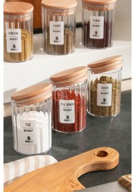 Resim 6 Lı Baharatlık Seti - Vakumlu Ahşap Kapak 450 Ml Şeffaf Akrilik Cam Değildir Etiketli Çok Renkli 