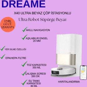 Resim Dreame X40 Ultra Robot Süpürge Beyaz, 12.000PA Emiş Gücü 