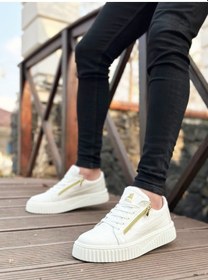 Resim Kalın Yüksek Tabanlı Çift Fermuarlı Beyaz Günlük Sneaker Spor Ayakkabı Beyaz 
