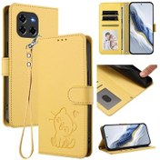 Resim Kabartmalı Kalp Kedi Deri Telefon Kılıfı Ve Bilek Kayışı Sarı 