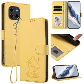 Resim Kabartmalı Kalp Kedi Deri Telefon Kılıfı Ve Bilek Kayışı Sarı 