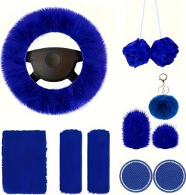 Resim Dashanshop Mavi 10 Parça Şirin Plüş Oto Aksesuar Seti: Direksiyon Kılıfı Vites Ve El Freni Kılıfları Mavi 