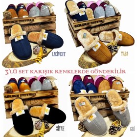 Resim Golden Buffalo 3 Çift Kaliteli KARIŞIK RENK Ev Terliği Yünlü Misafir Çeyiz Bohça Gelin Damat Terliği 