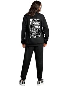 Resim Unisex Skullcracked Baskılı Bisiklet Yaka Eşofman Takımı Siyah 