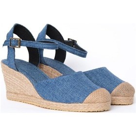 Resim Topuğu Açık Burnu Hasırlı Bilekten Bantlı Mavi Dolgu Topuk Keten Hasır Espadril Mavi 