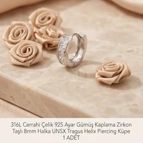 Resim 316L Cerrahi Çelik Gümüş Kaplama Tragus Helix Küpe Piercing Kararmaz Alerji Yapmaz Zirkon Taşlı Halka Küpe 8 mm Unisex Tekli Küpe Kadın Erkek Uyumlu Cartilage Kıkırdak Piercing 