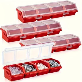 Resim Kırmızı Şeffaf Depolama Kabı - Donanım, Somunlar, Yıkayıcılar ve Vidalar için Menteşeli Kapaklı 4 Bölmeli Küçük Plastik Vida & Bağlantı Elemanı Düzenleyici Kutu, Donanım Saklama | Kompakt Organizatör | Sert Plastik Kılıf 