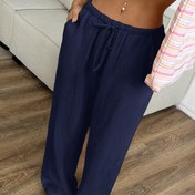 Resim Kadınlar için Lacivert Düz Bacaklı Günlük Pantolon, İpli Bel ve Eğik Ceplerle - Rahat Polyester Kumaş ile Günlük Giyim İçin 