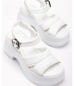 Resim Kadın Dolgu Topuk Sandalet Beyaz 2 Kalın Bantlı Cilt-3855 Beyaz 