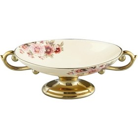 Resim Çiçekli Vintage Tatlı Ve Meyve Kasesi, Seramik Ayaklı Sunum Tabağı 29,5 Cm Bej 