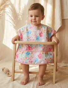 Resim DYZSTAR Flora Bloom Sıvı Geçirmez Cepli Bebek Mama Önlüğü - Suluboya Çiçek Desenli Premium Mama Önlüğü 6-24 
