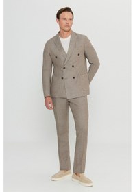 Resim AC&Co / Altınyıldız Classics Erkek Vızon Yünlü Slim Fit Dar Kesim Kırlangıç Yaka Desenli Torba Cepli Kruvaze Takım Elbise Vizon 