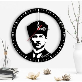 Resim Dekoratif Atatürk Tasarımlı Ahşap Duvar Saati - 5 Beyaz - Siyah 