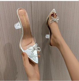 Resim Gümüş Moda Tatlı Terlik Kadın Temel Slaytlar Rahat Garip Yüksek Topuklu Ayakkabılar Kadın Kristal Kelebek Düğüm Yazlık Terlik Artı Boyutu Gümüş 