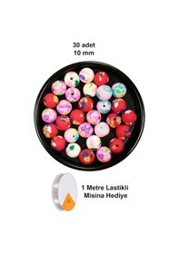 Resim 30 Adet 10 Mm Polimer Kil Fimo Boncuk Takı Bileklik + 1 Metre Lastikli Misina Hediye - Desenli Yuvarlak 