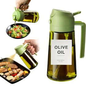 Resim Mutfak Cam Zeytinyağı Dağıtıcısı, 2'si 1 Arada Yağ Şişesi ve Pişirme Püskürtücüsü, Otomatik Flip Kapak, 16oz Zeytin Yeşili (Koyu Engelleme) Etiket Stickerleriyle 