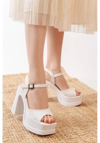Resim Kadın Lenisi Beyaz Tek Bantlı 12 Cm Platform Topuklu Ayakkabı 1010 Beyaz 