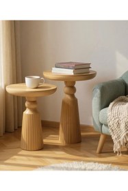 Resim ASELYA HOME Doğal Ahşap 2’li Set Mantar Yan Sehpa Modern Vernikli Fiskos Zigon Çiçeklik 