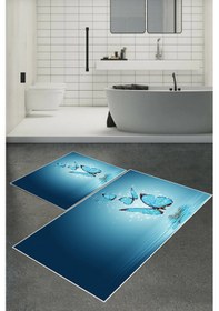 Resim Dijital Baskılı Yıkanabilir Kelebek Desenli Kaymaz Taban 2'li Banyo Paspas Seti Mavi 