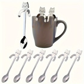 Resim 6 Adet Paslanmaz Çelik Kedi Tasarımlı Kahve Kaşığı, Tatlı Kaşığı, Makinede Yıkanabilir, Dayanıklı, Restoran, Mutfak, Parti, Düğün İçin Uygun 
