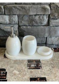 Resim Beyaz Doğal Mermer Gümüş Aksesuarlı Oval 4'lü Elips Tepsili Banyo Seti Beyaz 