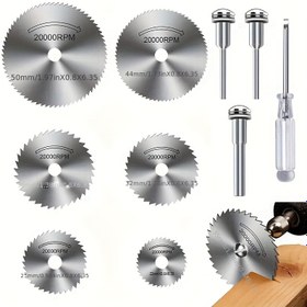 Resim 1 Set 10 Adet Döner Alet için Kesme Teli Seti, Döner Alet için 6 Adet HSS Testere Diski Teli ile 1 Adet 1/8" Yuvarlak Sap, 1 Adet 1/4" Yuvarlak Sap, Ahşap Plastik Alüminyum Kesimi için Bir Anahtar 